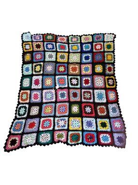 Handmade Granny Square Crochet Blanket Multicolor 50 x 42" Scalloped Edges Vtg